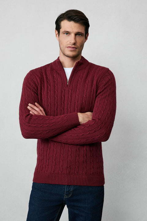 Koyu Bordo Yarım Balıkçı Yaka Fermuarlı Regular Fit Desenli Triko Kazak