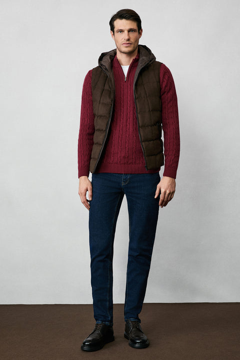 Koyu Bordo Yarım Balıkçı Yaka Fermuarlı Regular Fit Desenli Triko Kazak