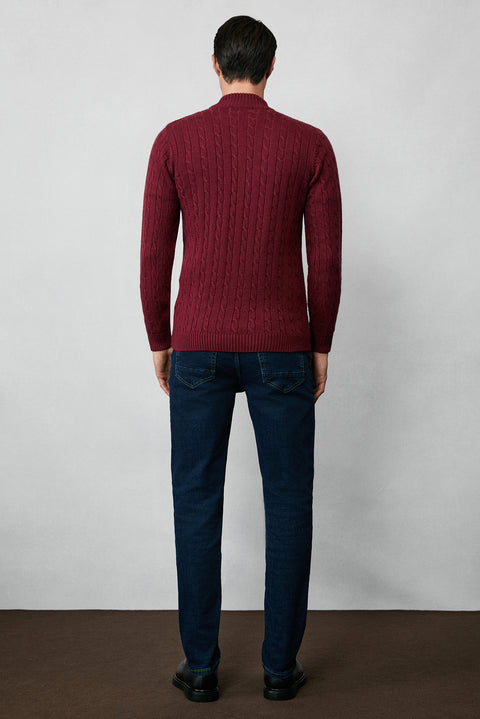 Koyu Bordo Yarım Balıkçı Yaka Fermuarlı Regular Fit Desenli Triko Kazak