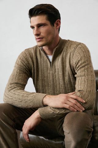  Orta Vizon Yarım Balıkçı Yaka Regular Fit Fermuarlı Desenli Triko Kazak