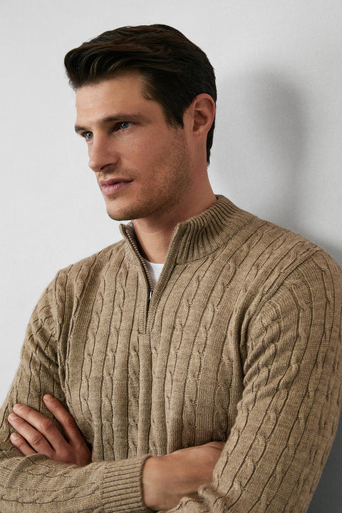 Orta Vizon Yarım Balıkçı Yaka Fermuarlı Regular Fit Desenli Triko Kazak