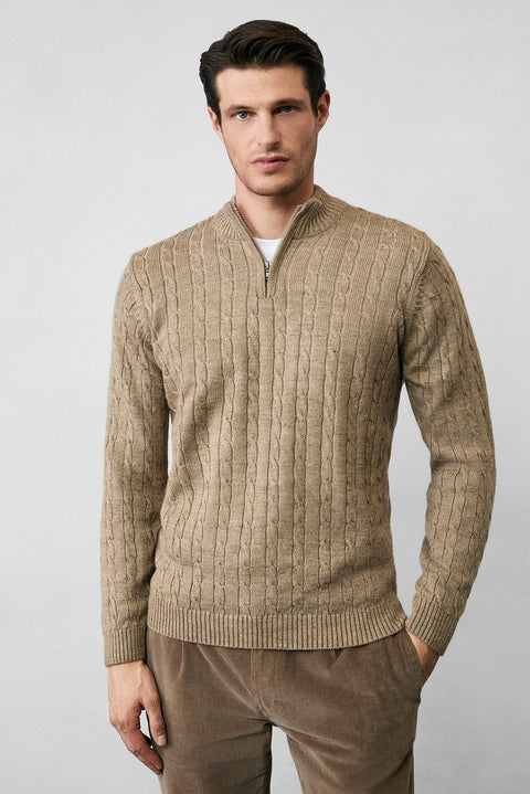 Orta Vizon Yarım Balıkçı Yaka Fermuarlı Regular Fit Desenli Triko Kazak