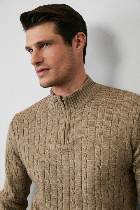 Orta Vizon Yarım Balıkçı Yaka Fermuarlı Regular Fit Desenli Triko Kazak