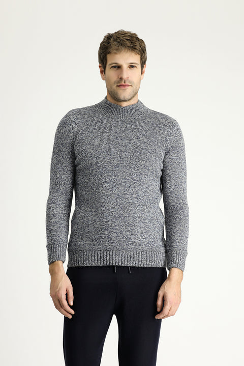 Orta Lacivert Yarım Balıkçı Yaka Slim Fit Desenli Alpaka Yünlü Triko Kazak