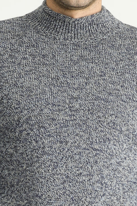 Orta Lacivert Yarım Balıkçı Yaka Slim Fit Desenli Alpaka Yünlü Triko Kazak