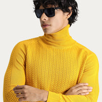 Koyu Sarı Balıkçı Yaka Slim Fit Dar Kesim Desenli Pamuklu Triko Kazak