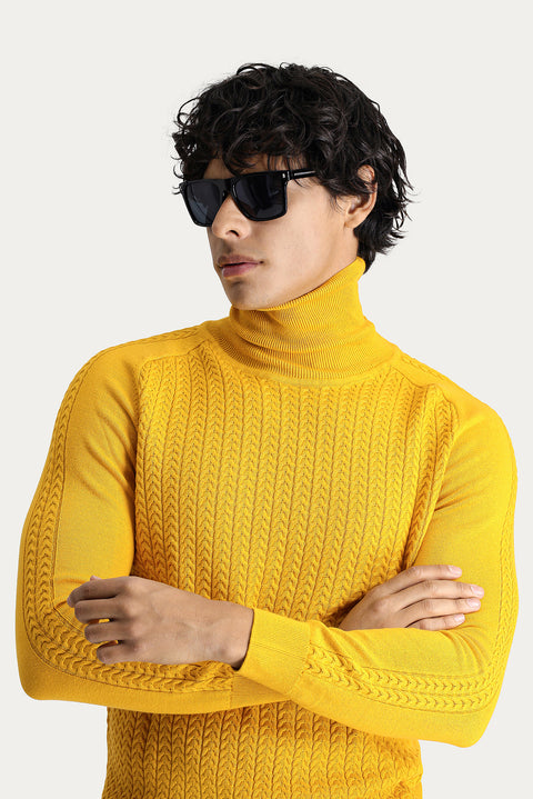 Koyu Sarı Balıkçı Yaka Slim Fit Dar Kesim Desenli Pamuklu Triko Kazak