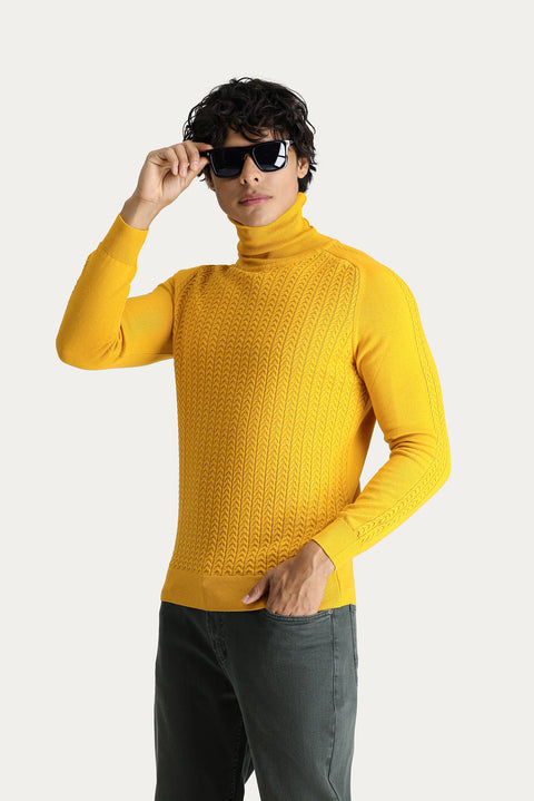 Koyu Sarı Balıkçı Yaka Slim Fit Dar Kesim Desenli Pamuklu Triko Kazak