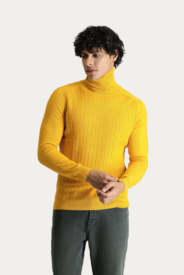 Koyu Sarı Balıkçı Yaka Slim Fit Dar Kesim Desenli Pamuklu Triko Kazak