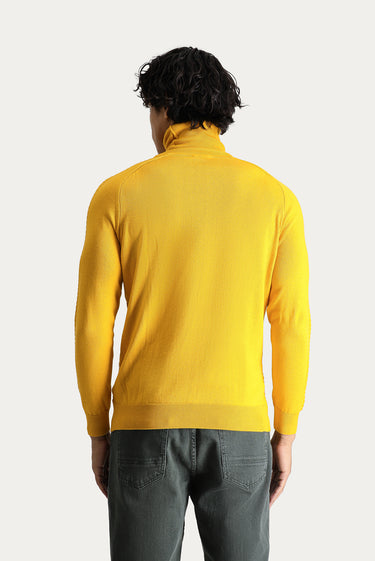 Koyu Sarı Balıkçı Yaka Slim Fit Dar Kesim Desenli Pamuklu Triko Kazak