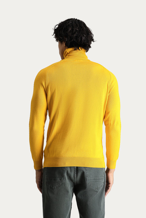 Koyu Sarı Balıkçı Yaka Slim Fit Dar Kesim Desenli Pamuklu Triko Kazak