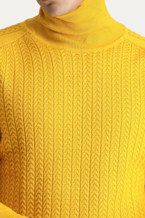 Koyu Sarı Balıkçı Yaka Slim Fit Dar Kesim Desenli Pamuklu Triko Kazak