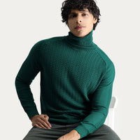 Koyu Yeşil Balıkçı Yaka Slim Fit Dar Kesim Desenli Triko Kazak