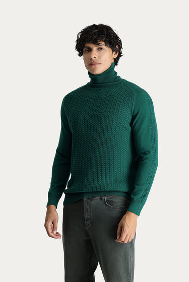  Koyu Yeşil Balıkçı Yaka Slim Fit Dar Kesim Desenli Triko Kazak