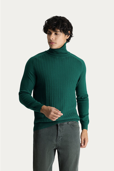  Koyu Yeşil Balıkçı Yaka Slim Fit Dar Kesim Desenli Triko Kazak