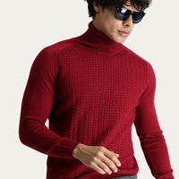Koyu Kırmızı Balıkçı Yaka Slim Fit Dar Kesim Desenli Triko Kazak