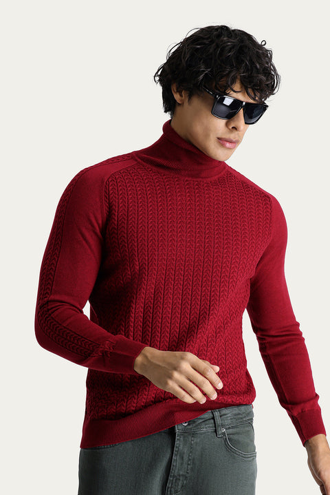 Koyu Kırmızı Balıkçı Yaka Slim Fit Dar Kesim Desenli Triko Kazak