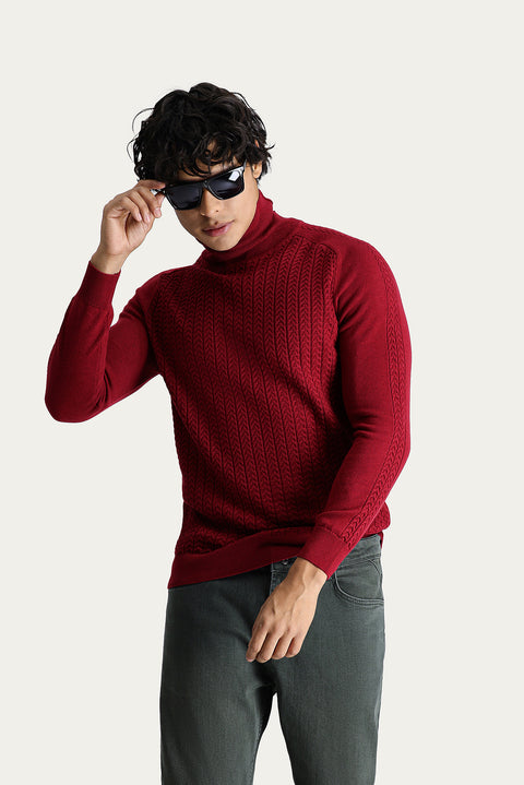 Koyu Kırmızı Balıkçı Yaka Slim Fit Dar Kesim Desenli Triko Kazak