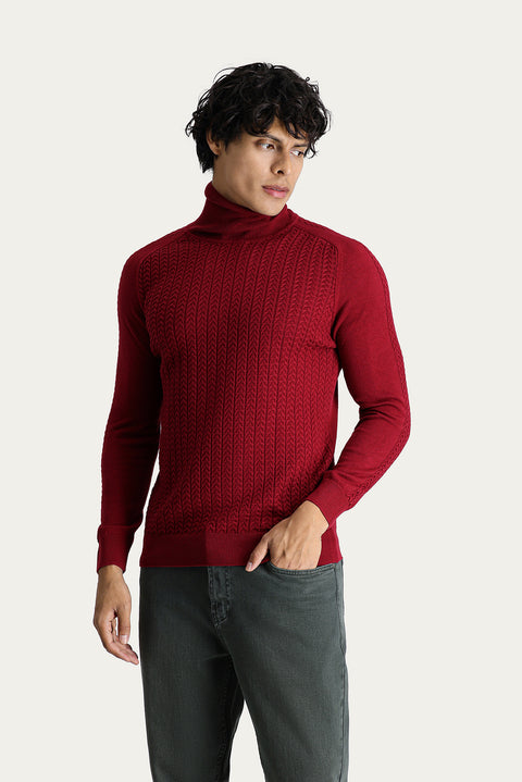 Koyu Kırmızı Balıkçı Yaka Slim Fit Dar Kesim Desenli Triko Kazak