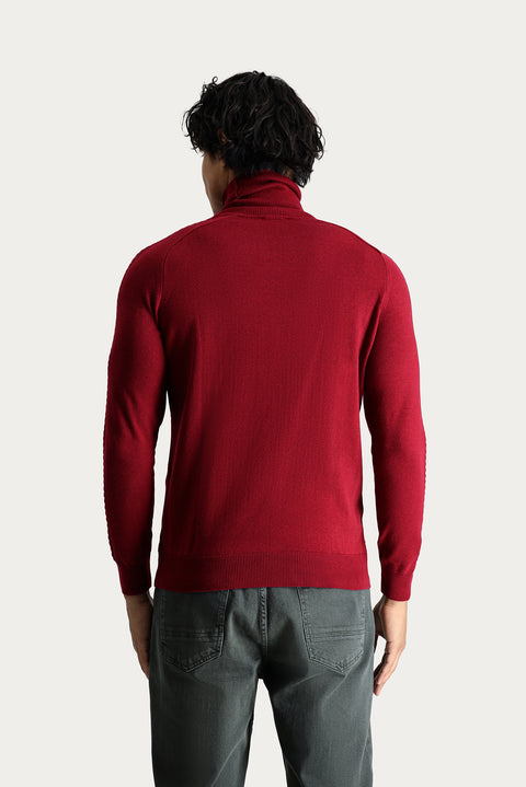 Koyu Kırmızı Balıkçı Yaka Slim Fit Dar Kesim Desenli Triko Kazak