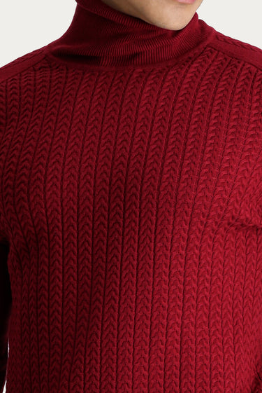 Koyu Kırmızı Balıkçı Yaka Slim Fit Dar Kesim Desenli Triko Kazak