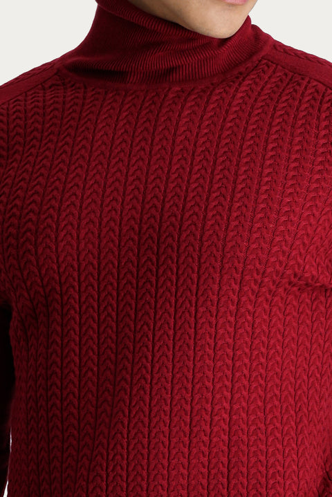 Koyu Kırmızı Balıkçı Yaka Slim Fit Dar Kesim Desenli Triko Kazak