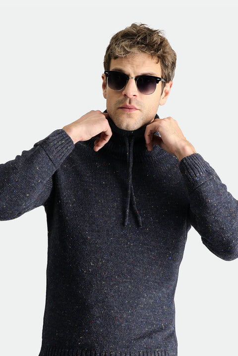 Koyu Lacivert Balıkçı Yaka Slim Fit Dar Kesim Desenli Yünlü Triko Kazak