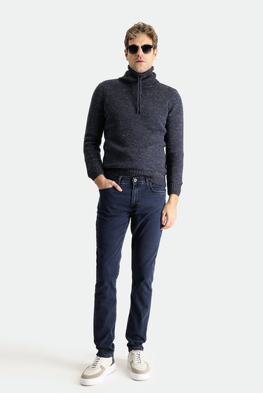 Koyu Lacivert Balıkçı Yaka Slim Fit Dar Kesim Desenli Yünlü Triko Kazak