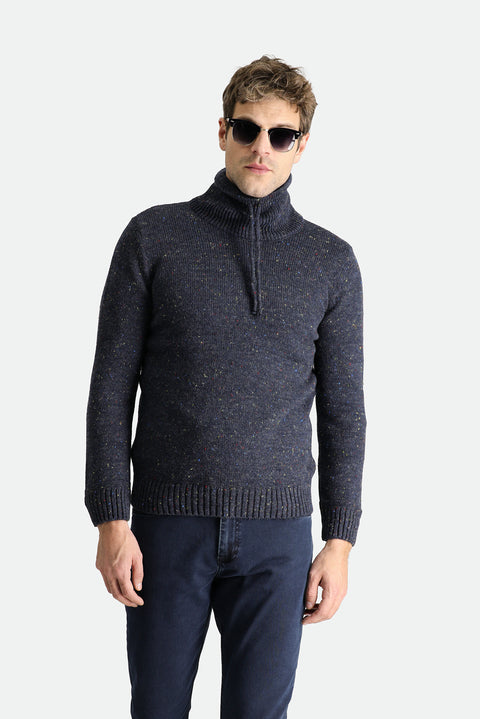 Koyu Lacivert Balıkçı Yaka Slim Fit Dar Kesim Desenli Yünlü Triko Kazak