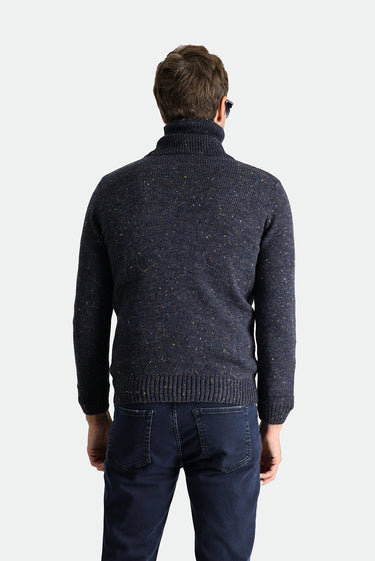 Koyu Lacivert Balıkçı Yaka Slim Fit Dar Kesim Desenli Yünlü Triko Kazak