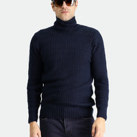 Koyu Lacivert Balıkçı Yaka Slim Fit Dar Kesim Desenli Triko Kazak