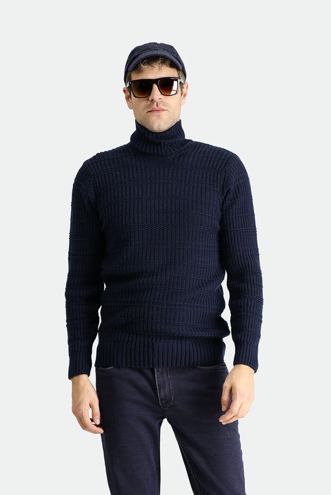 Koyu Lacivert Balıkçı Yaka Slim Fit Dar Kesim Desenli Triko Kazak