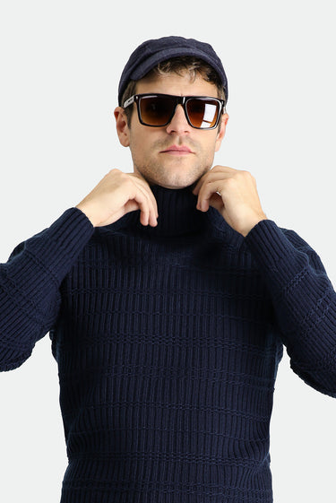 Koyu Lacivert Balıkçı Yaka Slim Fit Dar Kesim Desenli Triko Kazak