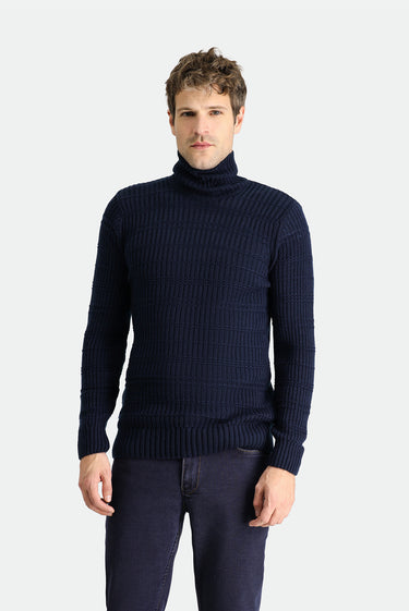 Koyu Lacivert Balıkçı Yaka Slim Fit Dar Kesim Desenli Triko Kazak