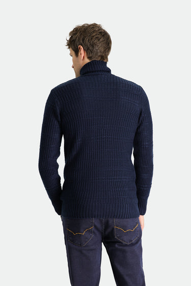Koyu Lacivert Balıkçı Yaka Slim Fit Dar Kesim Desenli Triko Kazak