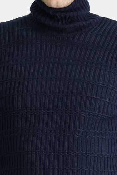 Koyu Lacivert Balıkçı Yaka Slim Fit Dar Kesim Desenli Triko Kazak