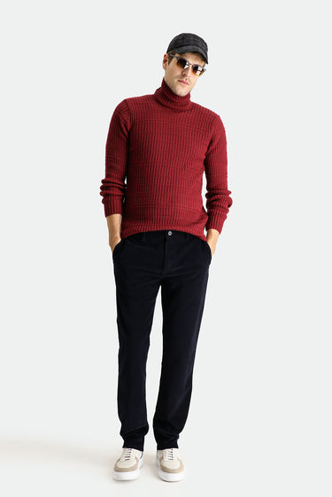  Koyu Bordo Balıkçı Yaka Slim Fit Dar Kesim Desenli Triko Kazak