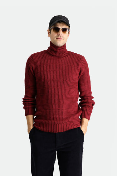  Koyu Bordo Balıkçı Yaka Slim Fit Dar Kesim Desenli Triko Kazak