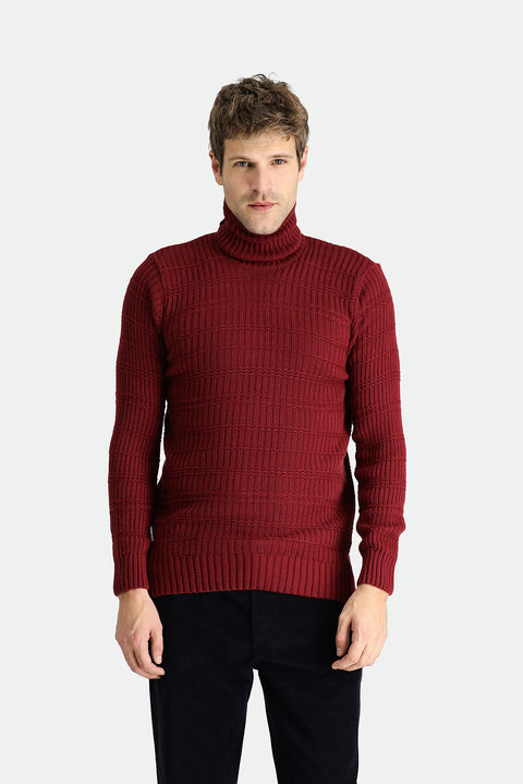 Koyu Bordo Balıkçı Yaka Slim Fit Dar Kesim Desenli Triko Kazak