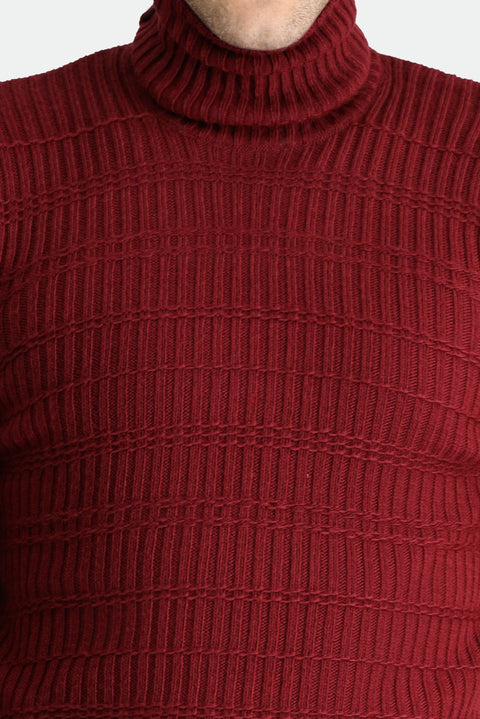 Koyu Bordo Balıkçı Yaka Slim Fit Dar Kesim Desenli Triko Kazak
