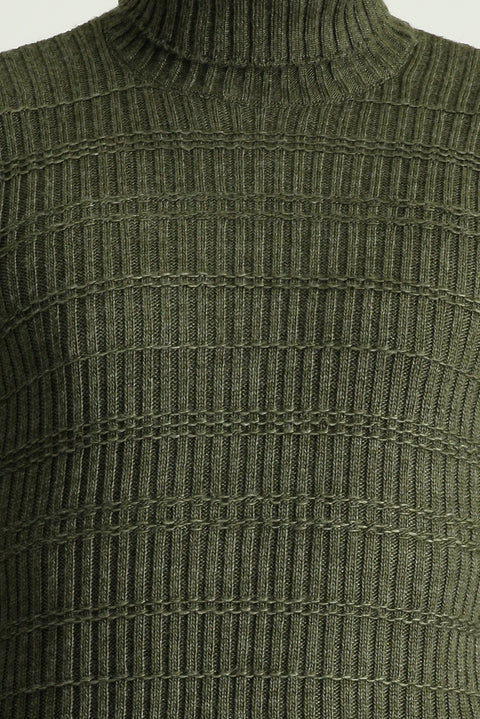 Orta Haki Balıkçı Yaka Slim Fit Dar Kesim Desenli Triko Kazak