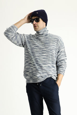  İndigo Balıkçı Yaka Oversize Desenli Triko Kazak