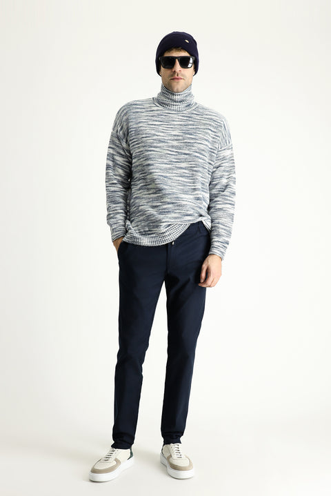 İndigo Balıkçı Yaka Oversize Desenli Triko Kazak