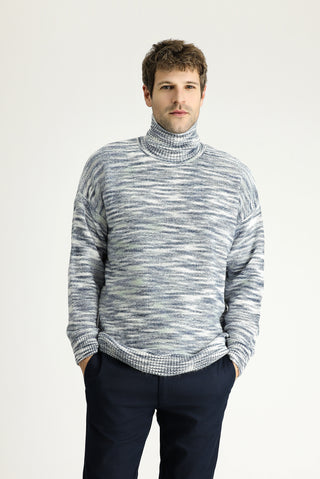  İndigo Balıkçı Yaka Oversize Desenli Triko Kazak