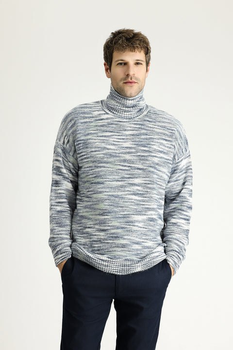 İndigo Balıkçı Yaka Oversize Desenli Triko Kazak