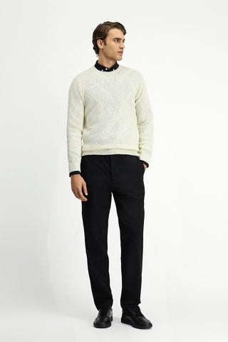  Ekru Bisiklet Yaka Slim Fit Dar Kesim Desenli Yünlü Triko Kazak