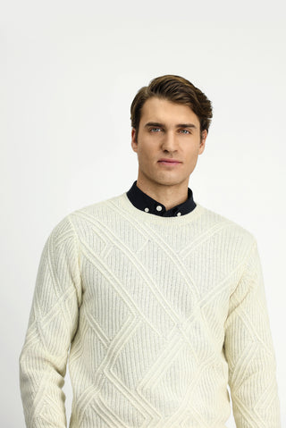  Ekru Bisiklet Yaka Slim Fit Dar Kesim Desenli Yünlü Triko Kazak