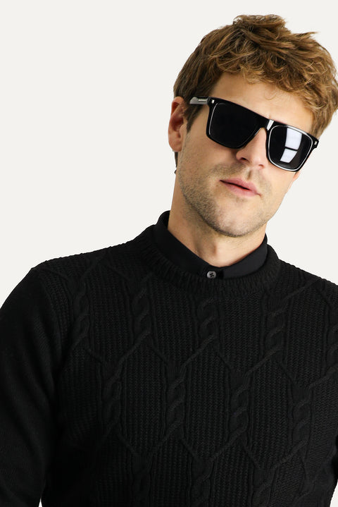 Siyah Bisiklet Yaka Slim Fit Dar Kesim Yünlü Desenli Pamuklu Triko Kazak