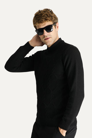  Siyah Bisiklet Yaka Slim Fit Dar Kesim Yünlü Desenli Pamuklu Triko Kazak