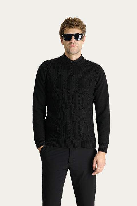 Siyah Bisiklet Yaka Slim Fit Dar Kesim Yünlü Desenli Pamuklu Triko Kazak